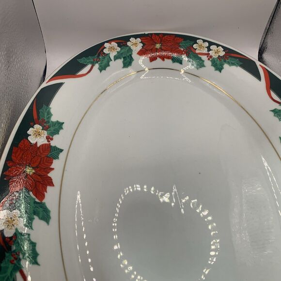 Vintage Poinsettia Christmas Platter Tienshan Fine China Deck the Halls Oval 14" - Picture 3 of 7